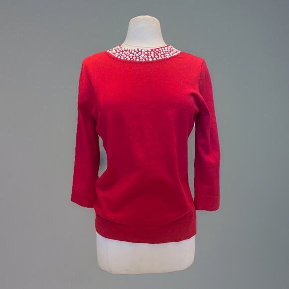 Beautiful Calvin Klein Size XL Red Pearl Neck 3/4 Sleeve Flat Knit Sweater - Picture 1 of 7